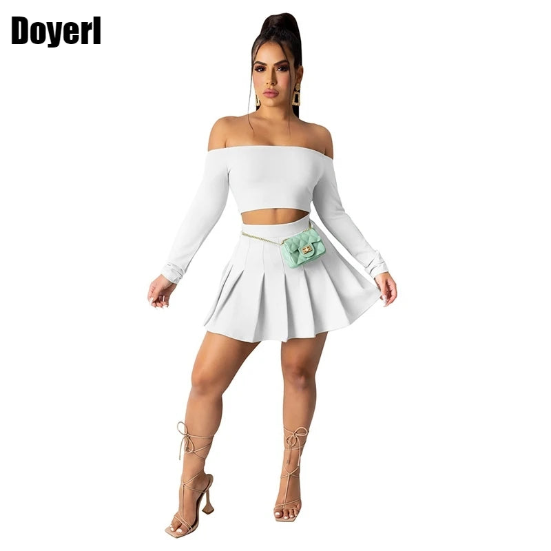 Off Shoulder Two Piece Set Women Elegant Festival Clothing Long Sleeve Crop Top Mini Pleated Skirt Set Sexy 2 Piece Outfits 2022