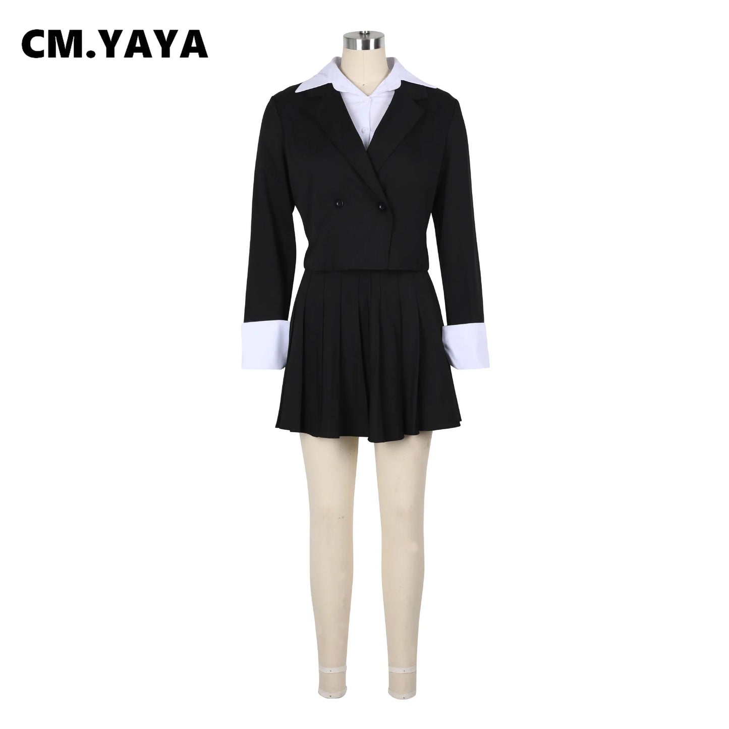 CM.YAYA 2024 INS Women Fashion Pleated Mini Skirts Suit and Shirt Patchwork Long Sleeve Blazer Matching 2 Two Piece Set Outfits