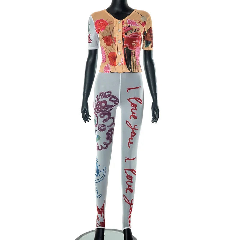 ANJAMANOR Floral Graffiti Print Mesh Pant Sets Women Two Piece Outfits 2023 Summer Crop Top and Leggings Matching Sets D85-DG16