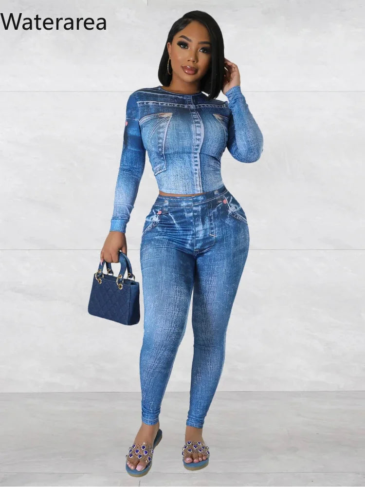 Waterarea Sport Women's Set Full Sleeve Crop Top and Pencil Pant Suits Fake Denim Print Fashion Jogger Two 2 Peice Sets Outifits