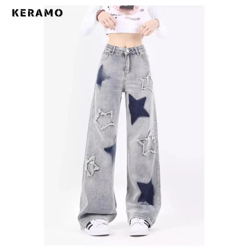 Fashion Women's Vintage Casual High Waist High Street Straight Jeans Stars Print Pants Korean Wide Leg Baggy Y2K Denim Trouser