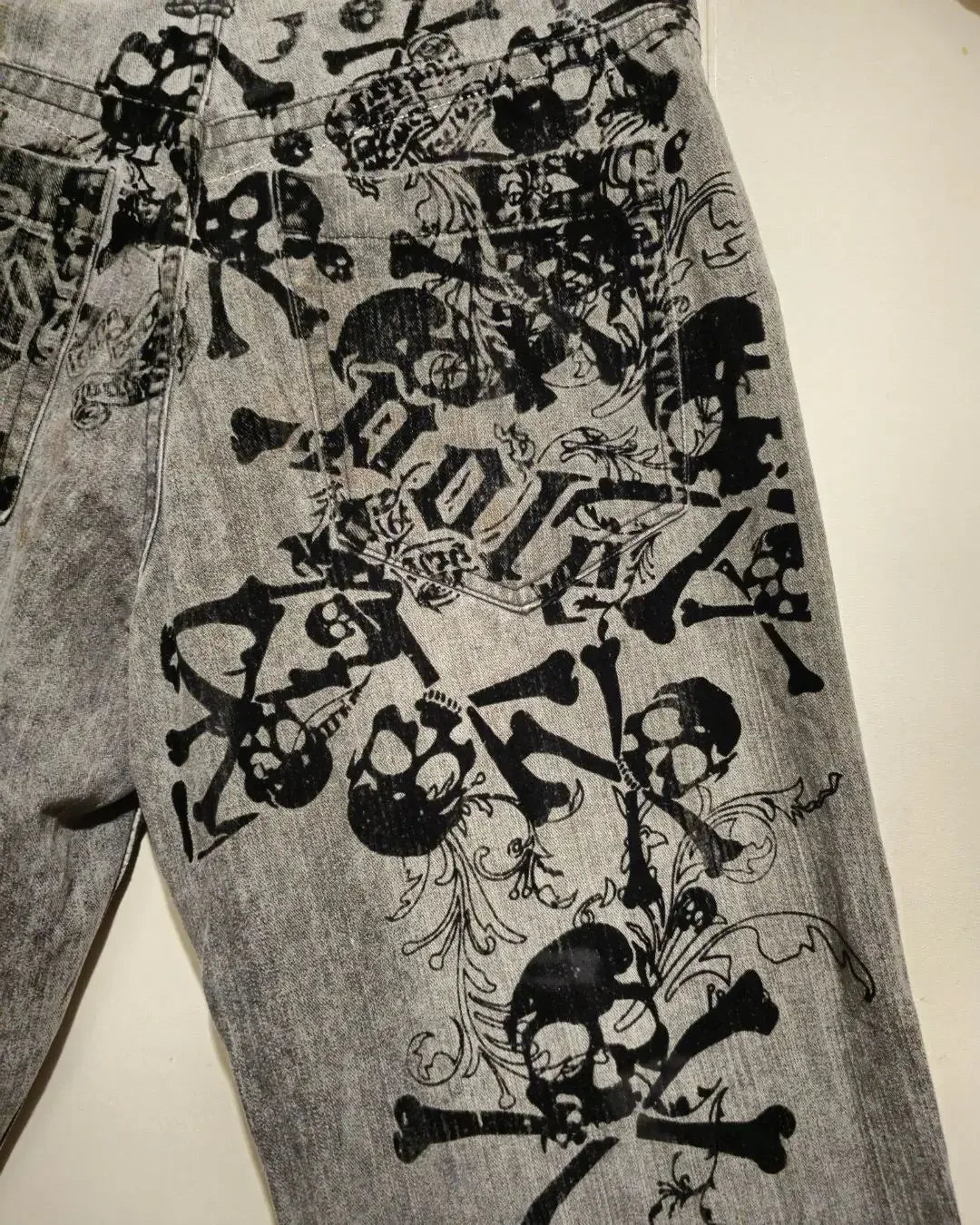 2023 New American Harajuku retro skull print straight high waist Y2K women's washed grey jeans Streetwear Gothic wide trousers