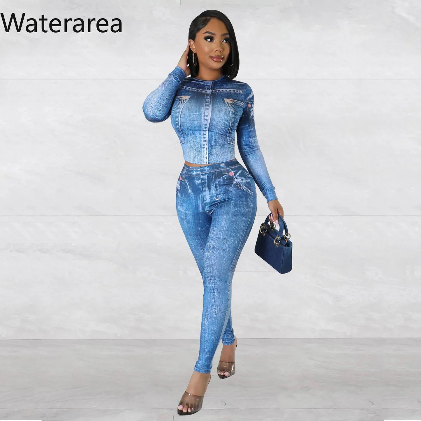 Waterarea Sport Women's Set Full Sleeve Crop Top and Pencil Pant Suits Fake Denim Print Fashion Jogger Two 2 Peice Sets Outifits