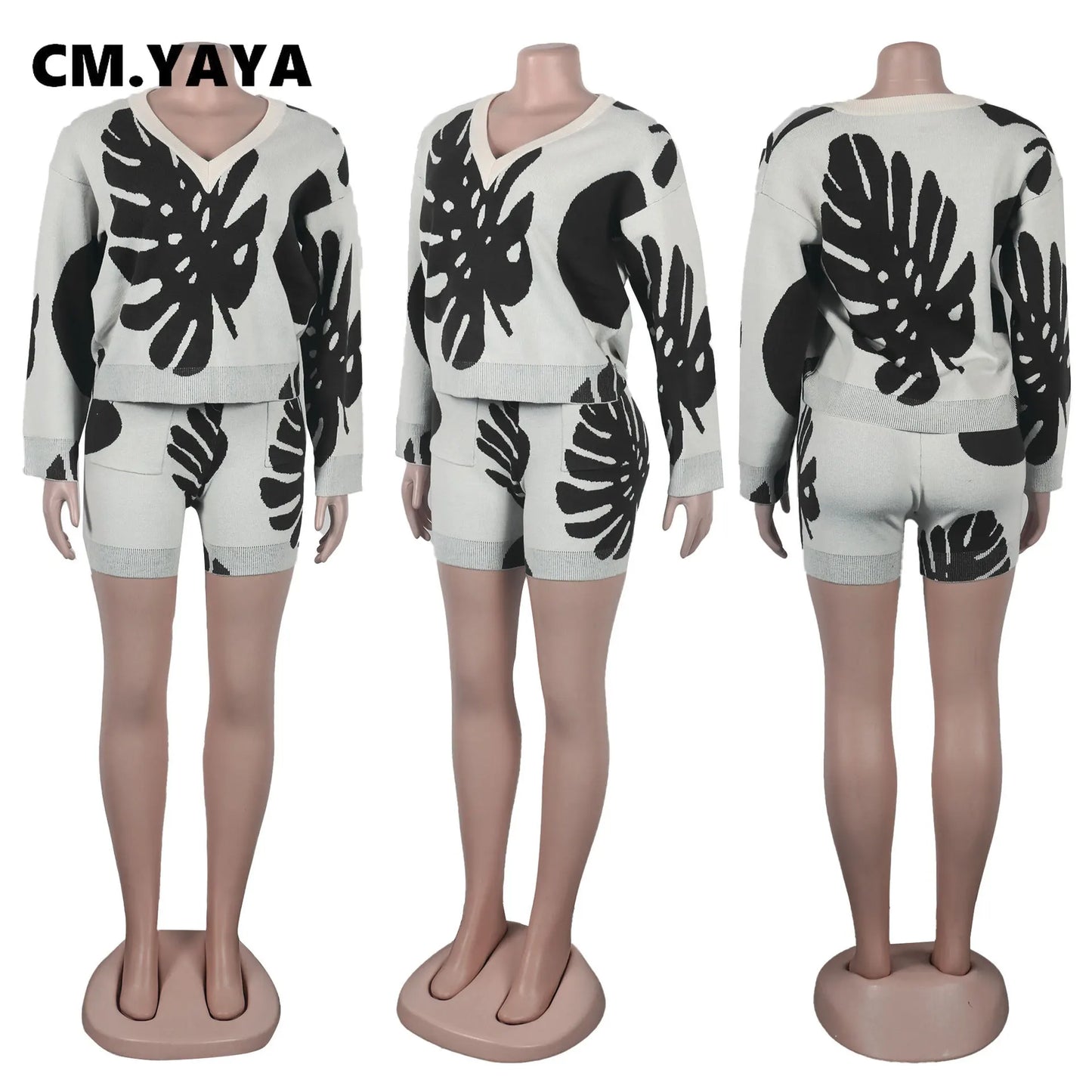 CM.YAYA Fashion Leaf Knit Ribbed Women's Set V-neck Sweater and Straight Shorts 2023 Street Two 2 Piece Sets Outfits Tracksuit