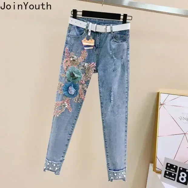 Women 2 Piece Outfits Embroidery Flower T Shirt High Waist Jeans Pants Sets Korean Fashion Woman Clothes Two Piece Trousers Set