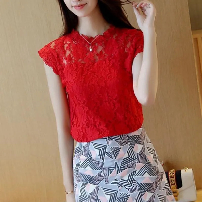 Summer Hollow Out Lace Blouse Elegant Shirt Ladies Tops Crochet Short Sleeve Bottoming Shirts Women Blouses Tops DF1591