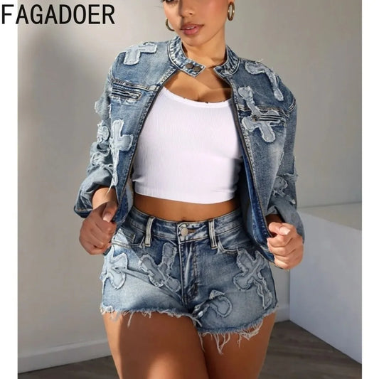 FAGADOER Fashion Denim Embroidery Shorts Two Piece Sets Women Zipper Long Sleeve Coat And Shorts Outfits Female Cowboy 2pcs Suit