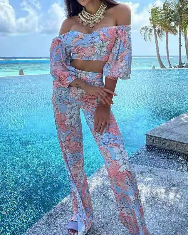 Female Short Sleeve 2pcs Outfit 2023 Summer Fashion Sexy Printed Boho Crop Top & High Waist Pants Suit Women Two Piece Set