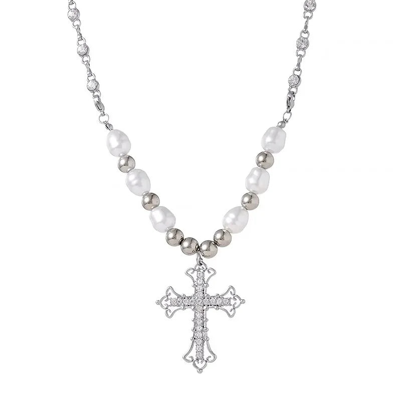 2022 Trendy Pearl Cross Pendant Necklace Hip Hop Retro Men Women Religious Jewelry Boys Girls Anniversary Party Birthday Gifts