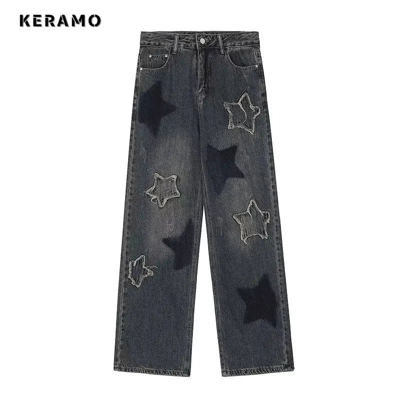 Fashion Women's Vintage Casual High Waist High Street Straight Jeans Stars Print Pants Korean Wide Leg Baggy Y2K Denim Trouser