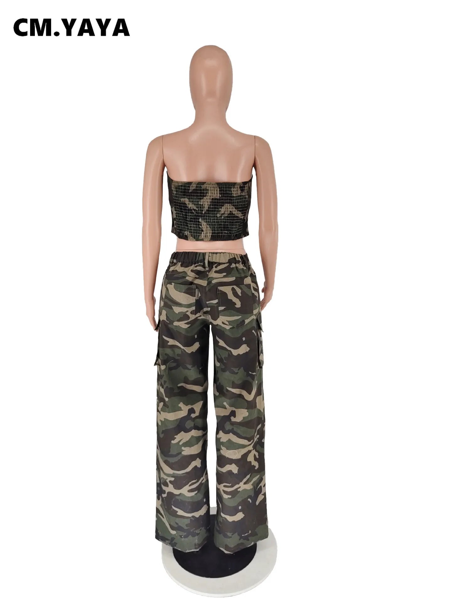 CM.YAYA Fashion Camouflage Women's Set Button Front Strapless Crop Top and Wide Leg Pants 2024 Two 2 Piece Sets Outfit Tracksuit