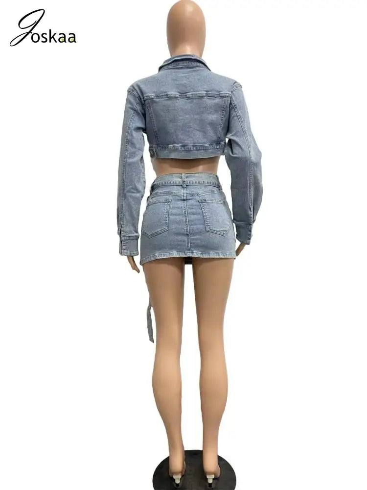 Joskaa Blue Denim Two Piece Set Women Hipster Lapel Long Sleeve Button-Up Jacket and Belt Mini Skirt Matching 2023 Streetwear