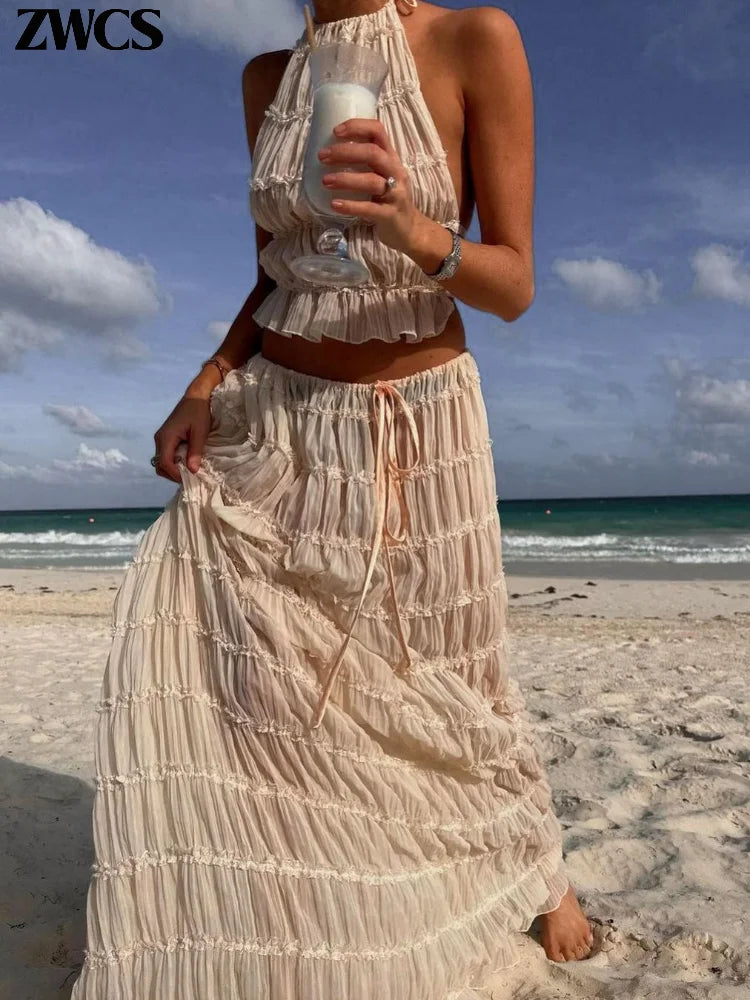 Pleated Crop Tops Long Skirt Suit Women Halter Sleeveless Backless Skirts Set 2024 Summer Ladies Sexy 2 Piece Set Beach Outfit