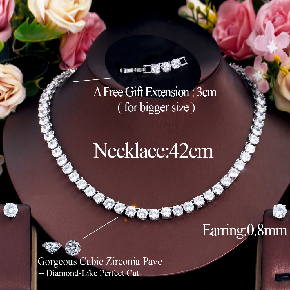 CWWZircons Stunning Big Carat Round CZ Tennis Necklace and Earrings Luxury Bridal Party Jewelry Set for Wedding Evening T061