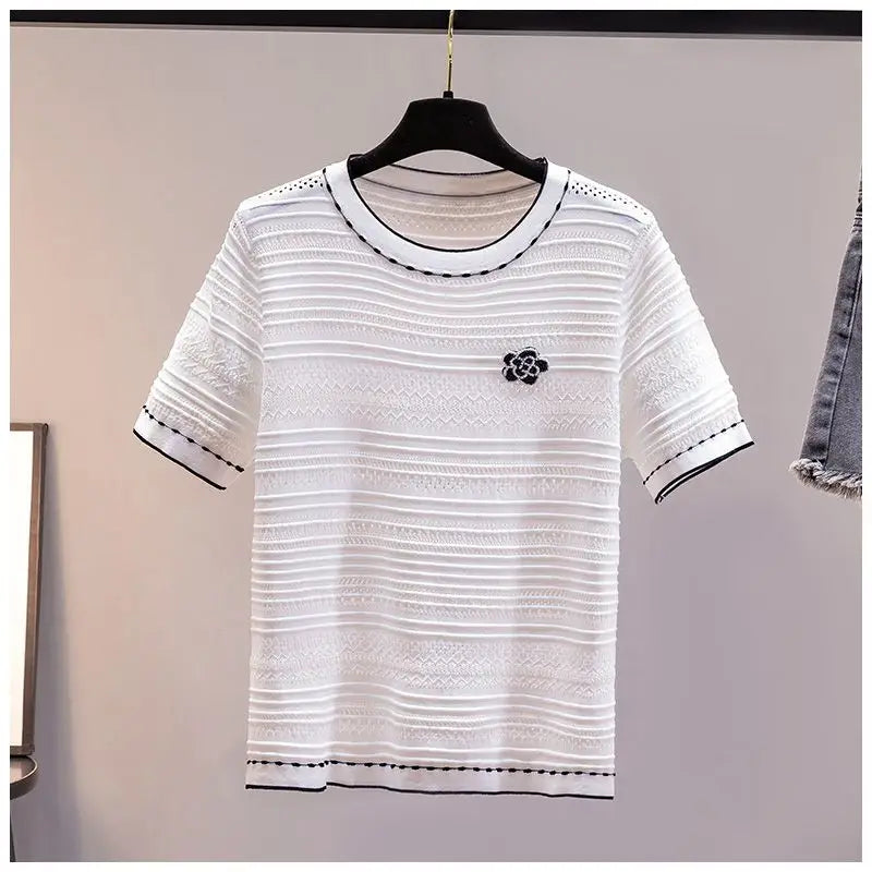 Ice Silk Knitted T Shirt Women Summer Flower Embroidery Diamond Luxury Designer Clothes Korean Fashion Casual Tshirt Short Tops