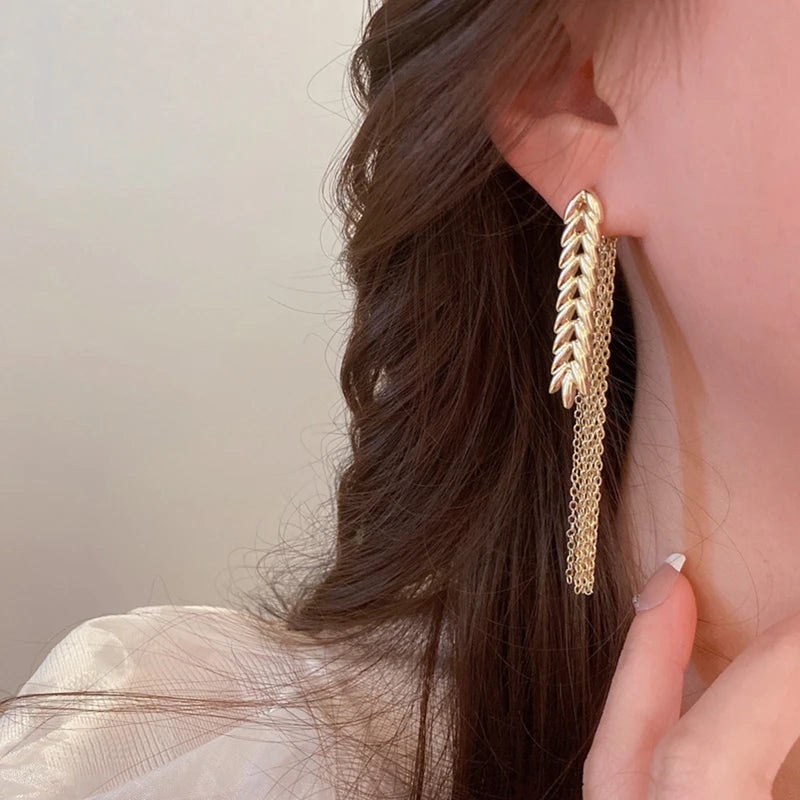 Gold Color Wheat Fringe Dangle Earrings Metal Long Stud Earrings Fashion New Jewelry For Women Girls Accessories