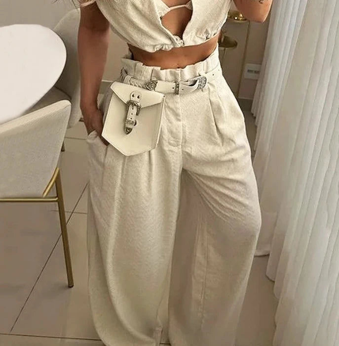 Women Two Piece Pants Set 2024 Solid Lapel V Neck Sleeveless Crop Top + Casual High Waist Pocket Wide Leg Pants Set Streetwear