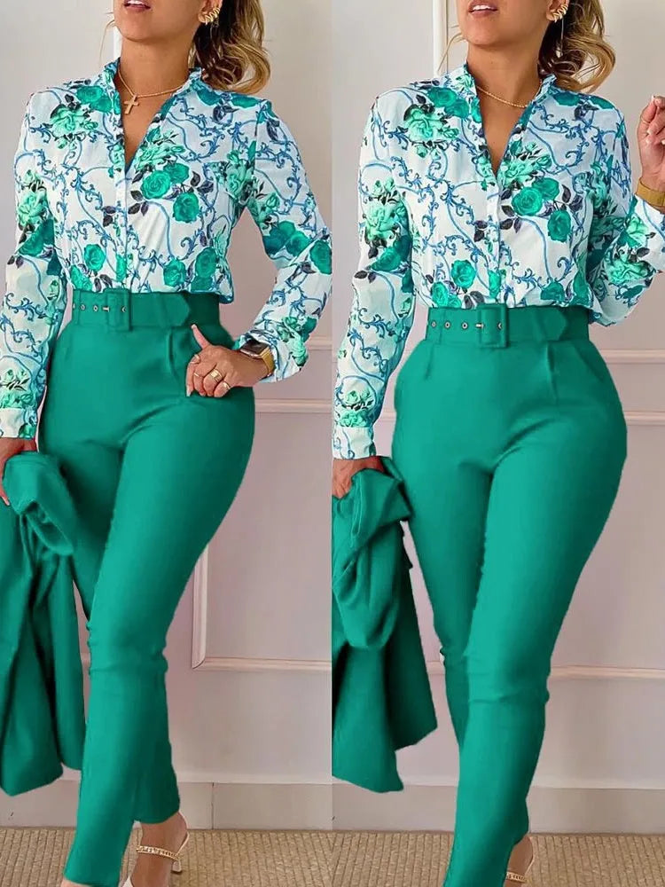 Elegant Women Printed Two Piece Suit Sets Autumn Winter V Neck Long Sleeve Shirt Top & Long Pants Set With Belt Workwear Outfits