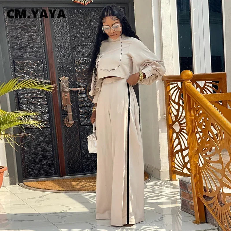 CM.YAYA Vintage Women's Set Lantern Long Sleeve Blouse and Wide Leg Loose Pants 2023 Autumn Two 2 Piece Set Outfit Tracksuit