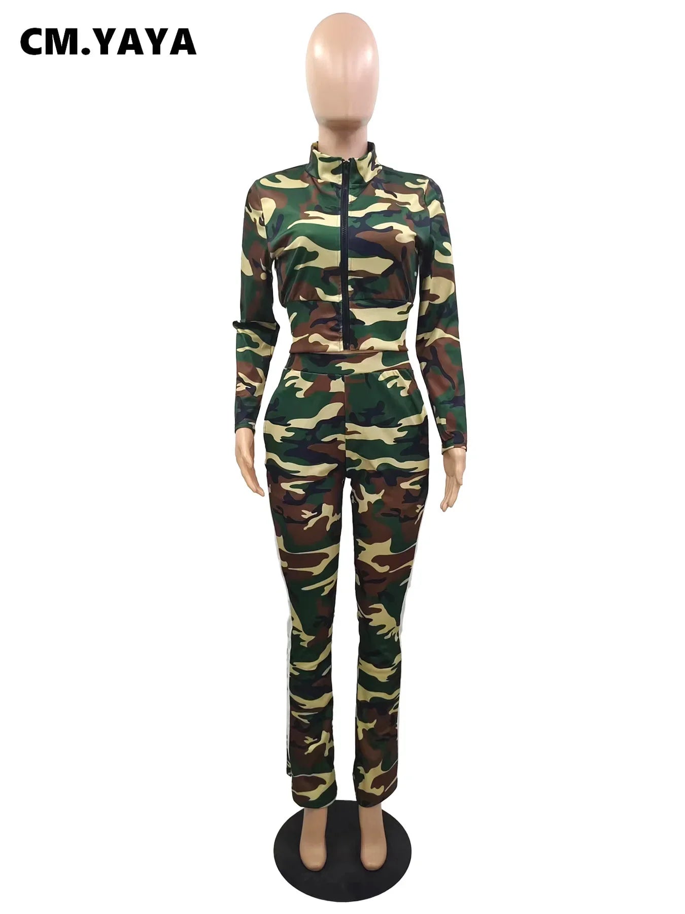 CM.YAYA Camouflage Women's Set Off Shoulder Long Sleeve Zipper Fly Jacket and Flare Pants 2023 Two 2 Piece Sets Outfit Tracksuit