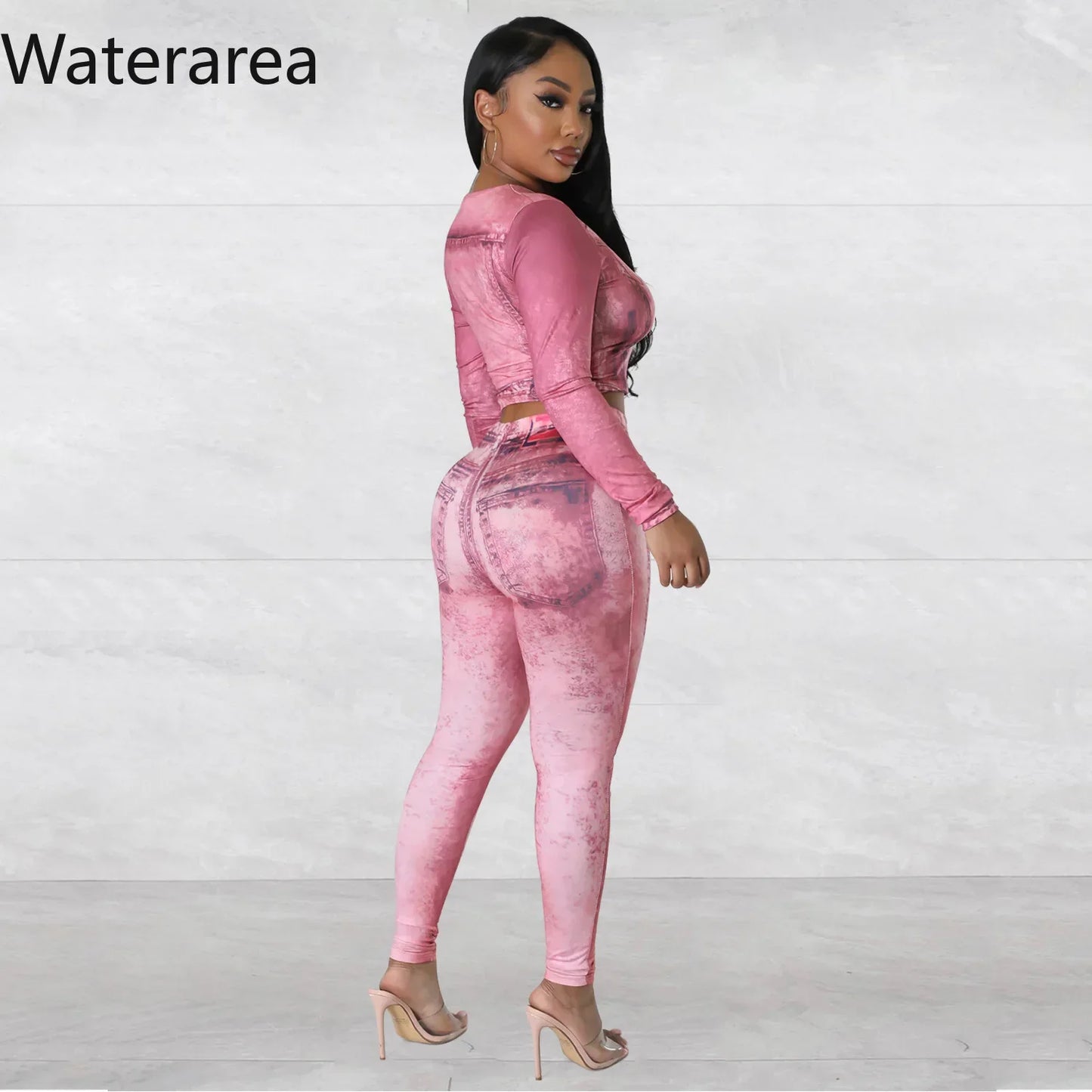 Waterarea Sport Women's Set Full Sleeve Crop Top and Pencil Pant Suits Fake Denim Print Fashion Jogger Two 2 Peice Sets Outifits