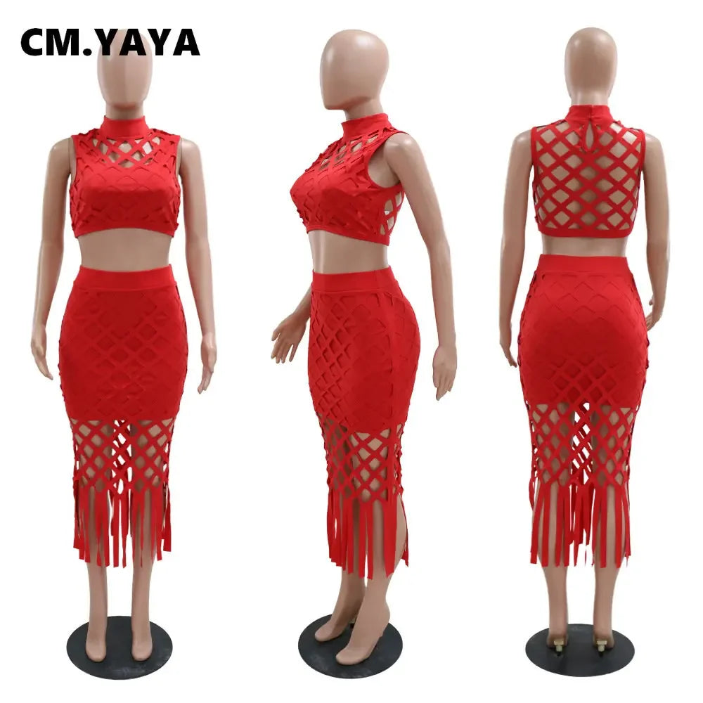 CM.YAYA Women Hollow Out Tassel Bodycon Midi Skirts Set and Sleeveless T-shirt 2023 Summer Party Two 2 Piece Set Outfit Dress