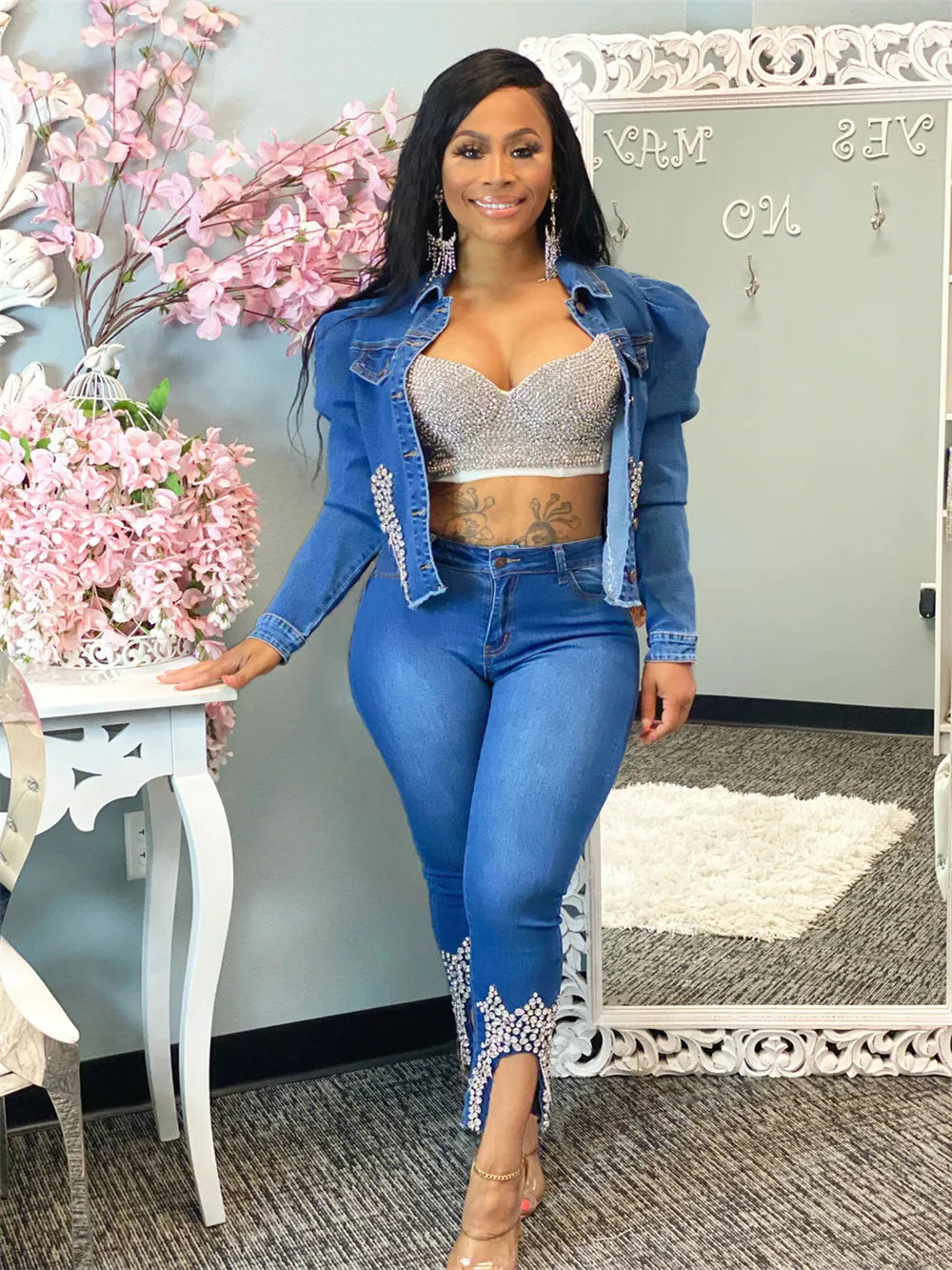 Blue Denim Two Piece Set Jeans Suits for Women Long Sleeve Jacket Top and Pants Female 2 Piece Club Outfits Matching Sets 8241