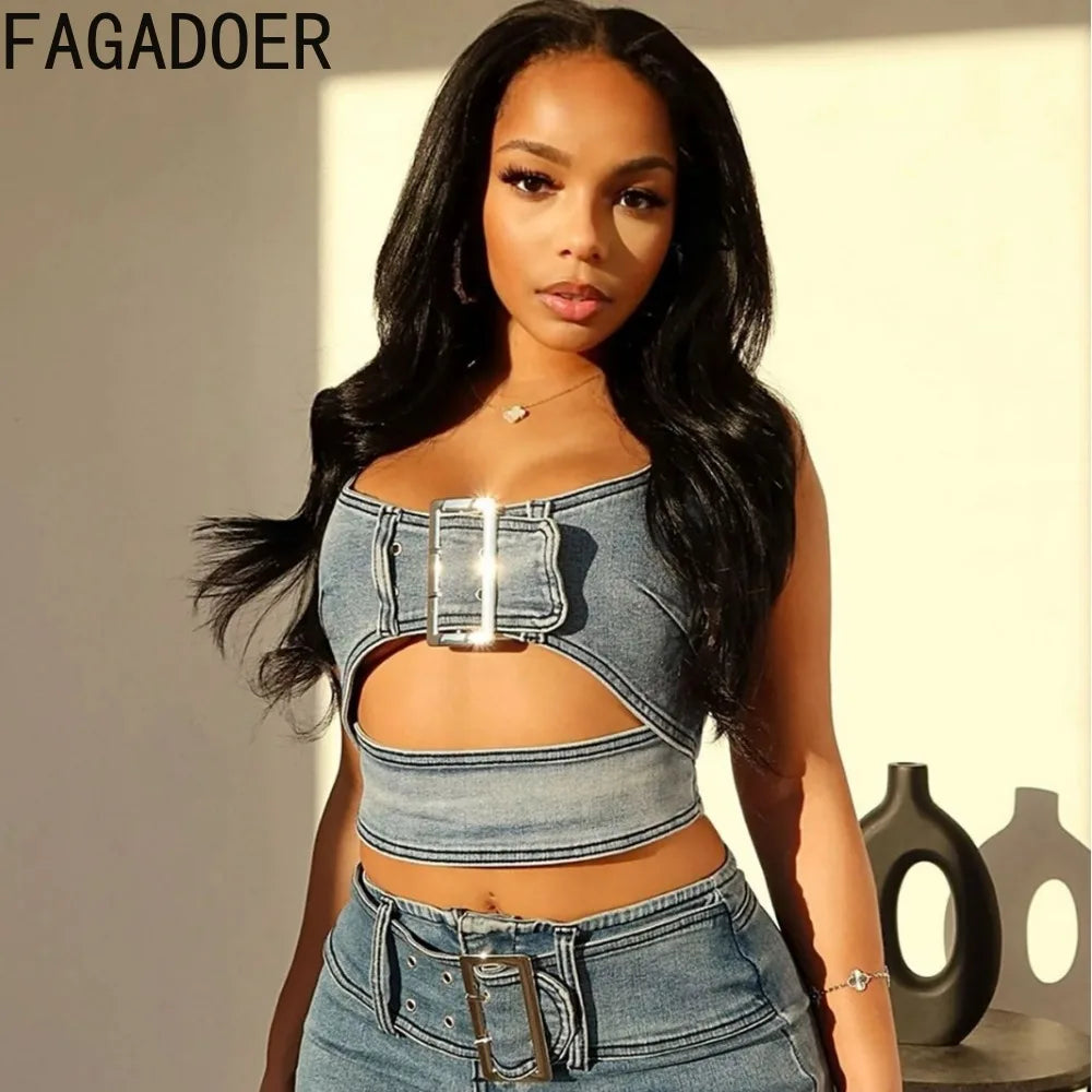 FAGADOER Blue Fashion Hollow Out Elasticity Denim Two Piece Sets Women Thin Strap Sleeveless Tank Top And Skirts Cowboy Outfits