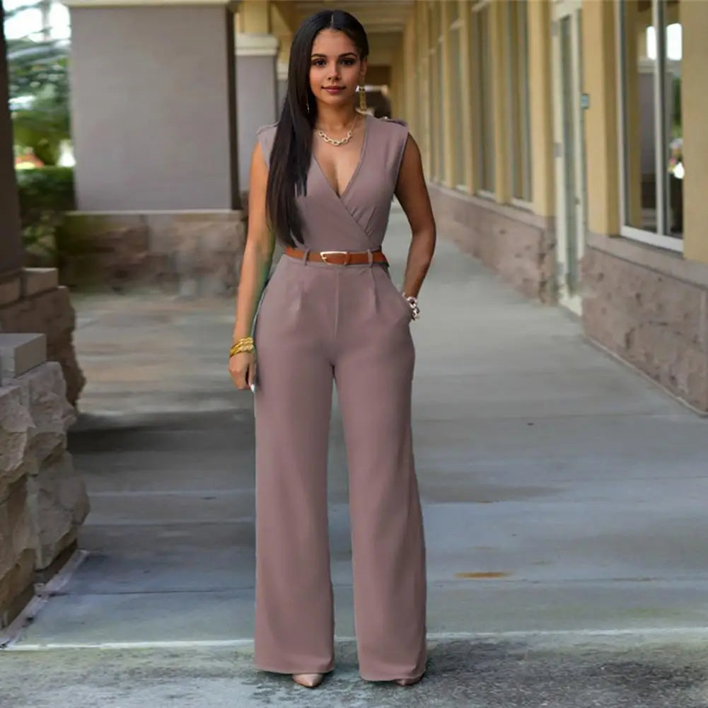 Casual Jumpsuit with Belt Elegant V-neck Sleeveless Jumpsuit with Belted Waist Wide Leg Office Party Romper Women's Casual