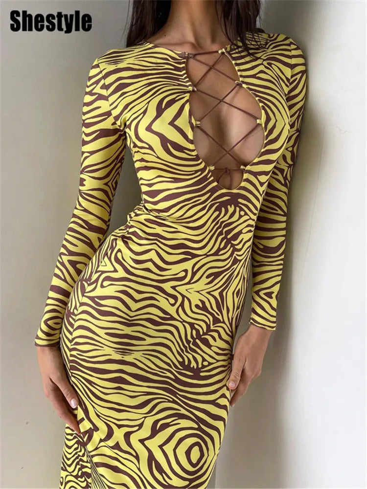 Shestyle Zebra Print Yellow Pencil Long Dresses Women V Neck Corss Hollow OUt Bandage Sexy Bodycon Party Wear Christmas Outfit