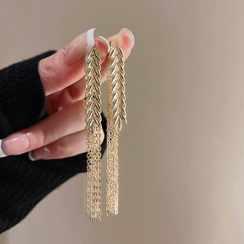 Gold Color Wheat Fringe Dangle Earrings Metal Long Stud Earrings Fashion New Jewelry For Women Girls Accessories