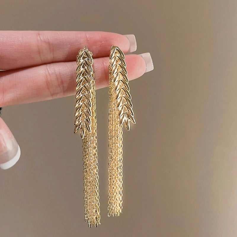 Gold Color Wheat Fringe Dangle Earrings Metal Long Stud Earrings Fashion New Jewelry For Women Girls Accessories