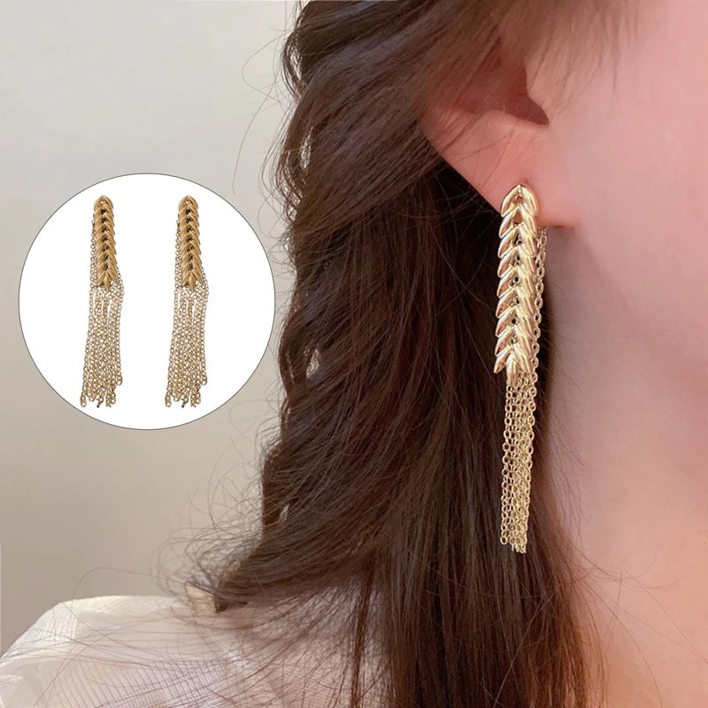 Gold Color Wheat Fringe Dangle Earrings Metal Long Stud Earrings Fashion New Jewelry For Women Girls Accessories