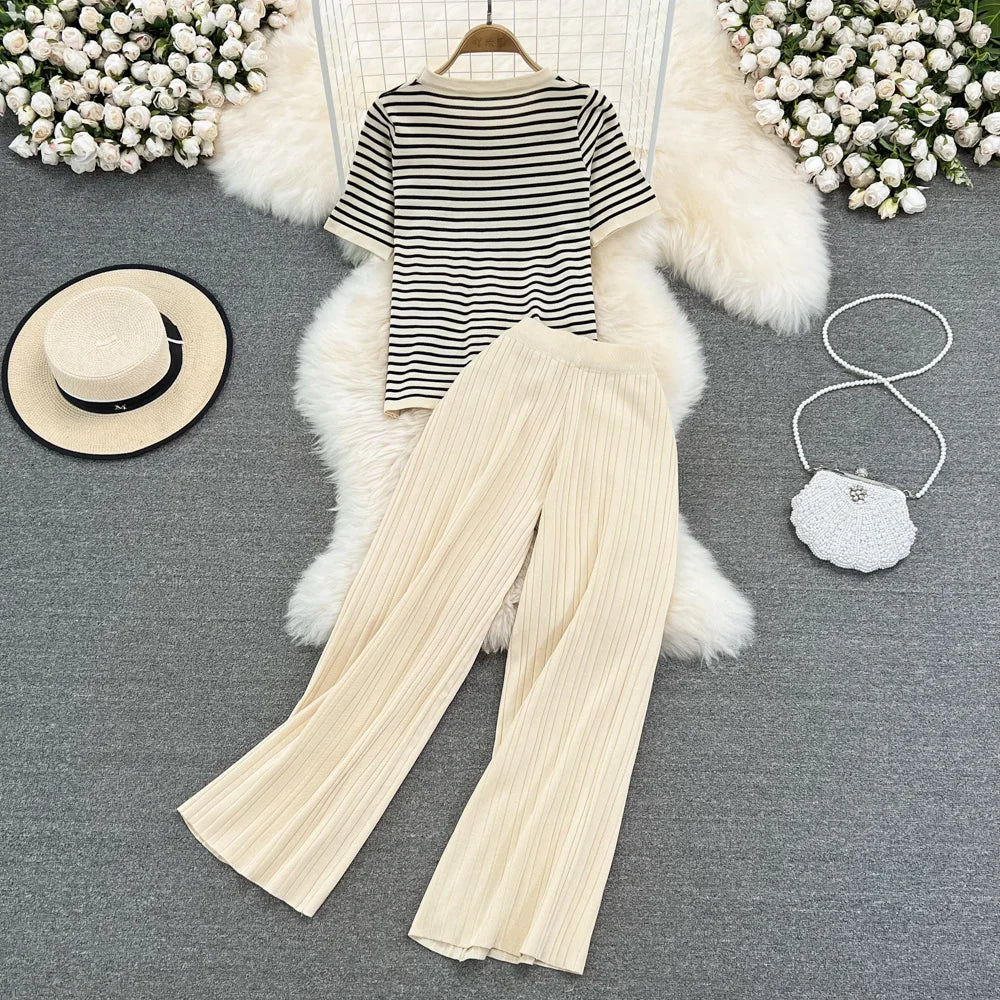 Women Tracksuit Summer Striped Knit Ppullover And Long Pants 2 Piece Sets Korean Casual Loose Outfits Knitted 2023 New Suits