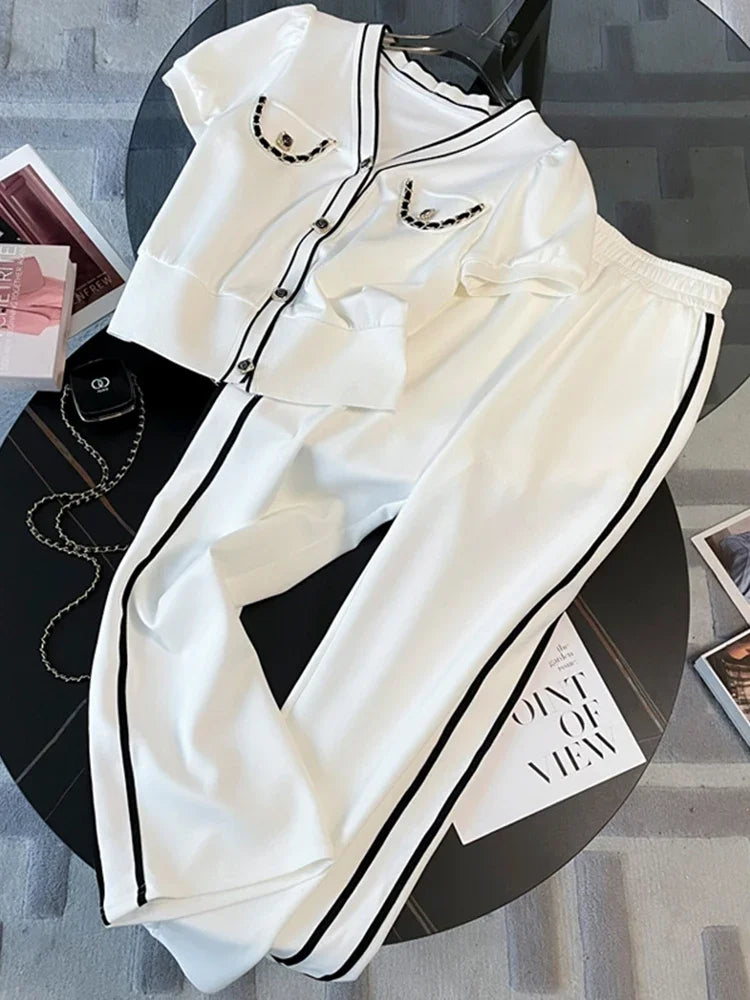 Casual Tracksuit Short Sleeved Suit Women 2023 Summer Streetwear V Neck Single Breasted Tops+Elastic Waist Trousers 2 Piece Sets