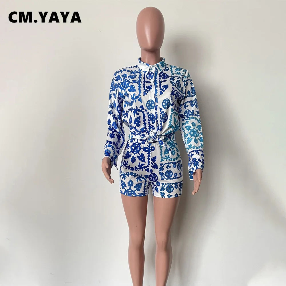 CM.YAYA Fashion Paisley Women's Set Long Sleeve Shirt and Shorts 2023 Summer Street Vintage Two 2 Piece Set Outfits Tracksuit