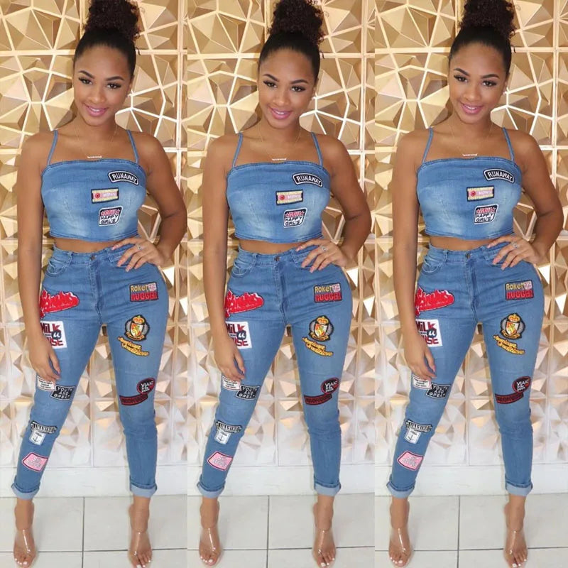 Fashion Women's Jeans Set Sexy Off Shoulder Strap Camisole Tops and High Waist Skinny Jean,Cartoon Sticker Jeans Casual Set