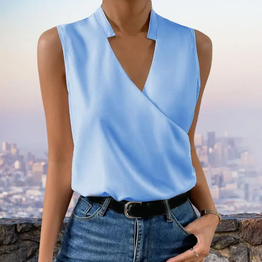 Elegant Stand Collar V-neck Summer Vest Sleeveless Cross Wrap Thin Women Summer Solid Color Loose T-shirt Streetwear