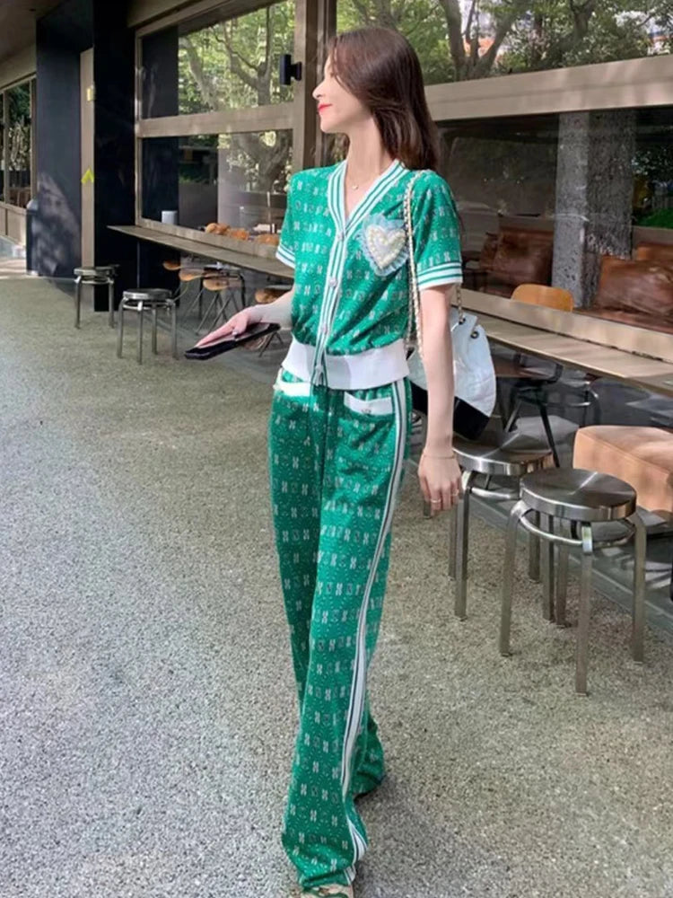 Short Sleeved Green Pants Two Piece Set Women 2023  Summer Korean V Neck Cardigan Tops Wide Leg Trousers Suit Casual Short Sets