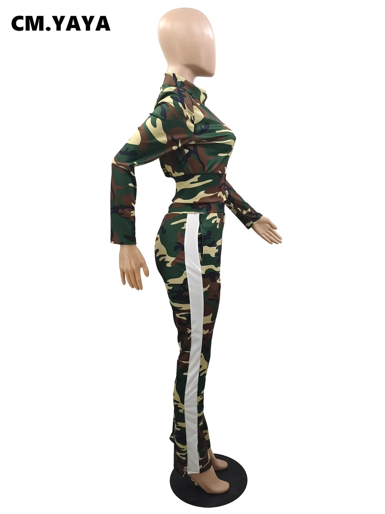 CM.YAYA Camouflage Women's Set Off Shoulder Long Sleeve Zipper Fly Jacket and Flare Pants 2023 Two 2 Piece Sets Outfit Tracksuit