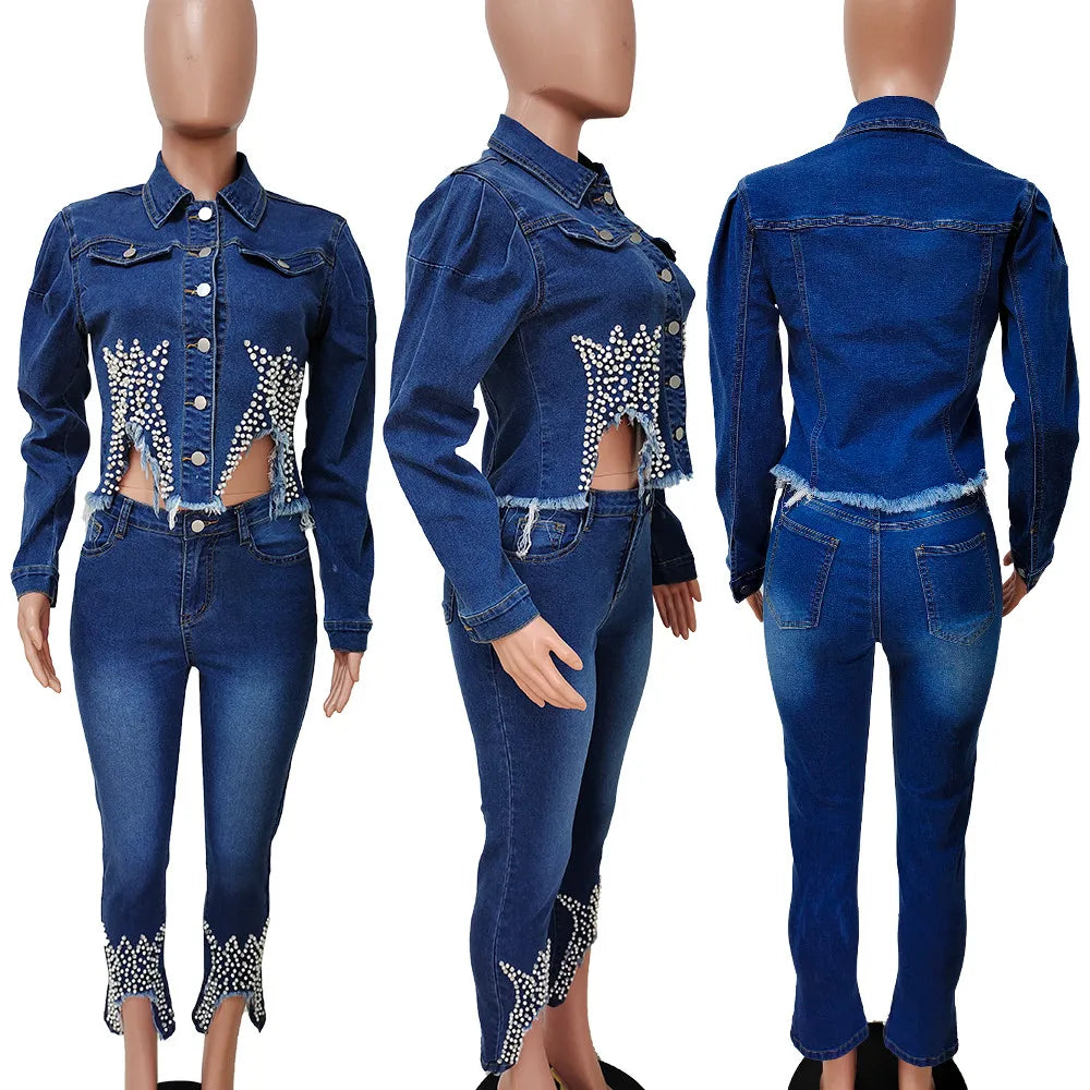 Blue Denim Two Piece Set Jeans Suits for Women Long Sleeve Jacket Top and Pants Female 2 Piece Club Outfits Matching Sets 8241