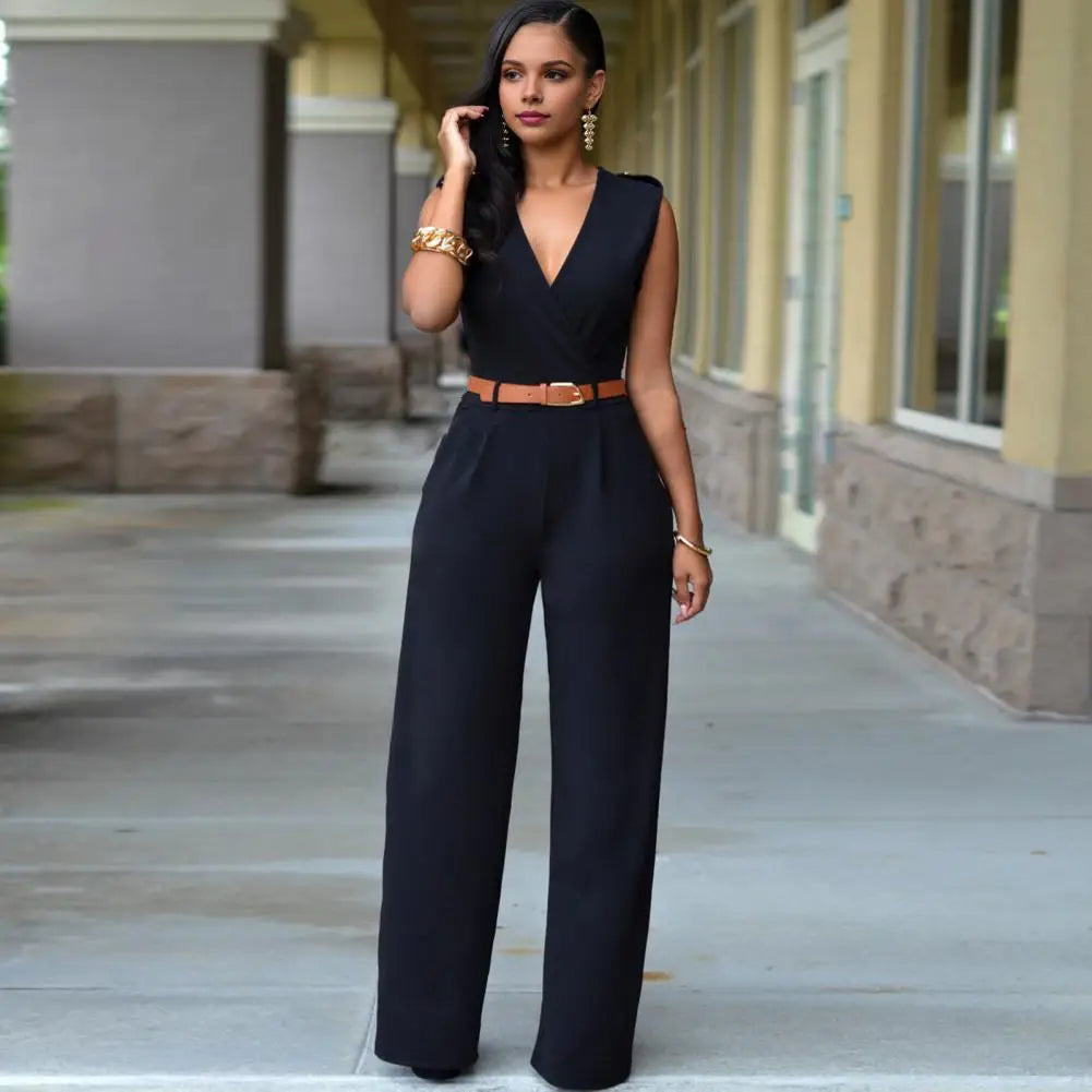 Casual Jumpsuit with Belt Elegant V-neck Sleeveless Jumpsuit with Belted Waist Wide Leg Office Party Romper Women's Casual