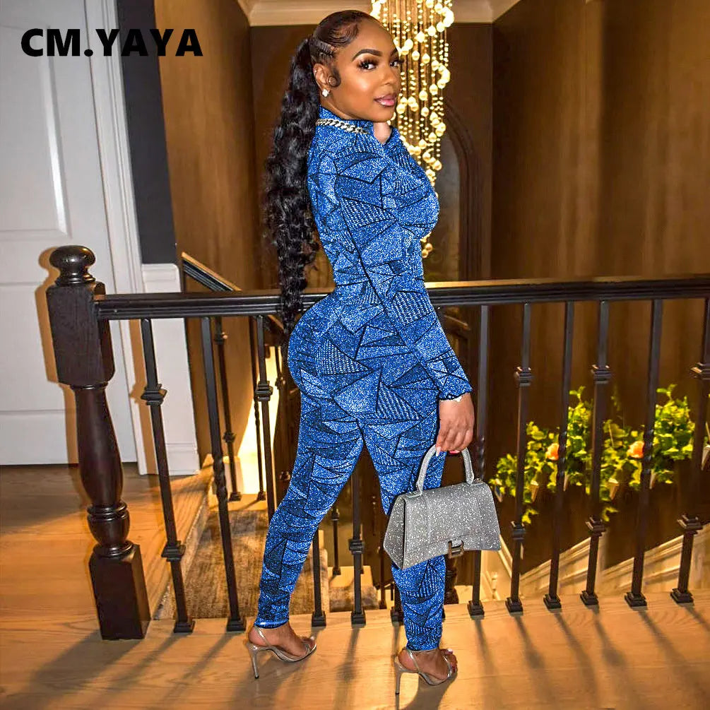 CM.YAYA Casual Geometrical Women's Set Long Sleeve T-shirt and Legging Pants Suit Sport Fashion Two 2 Piece Set Outfit Tracksuit