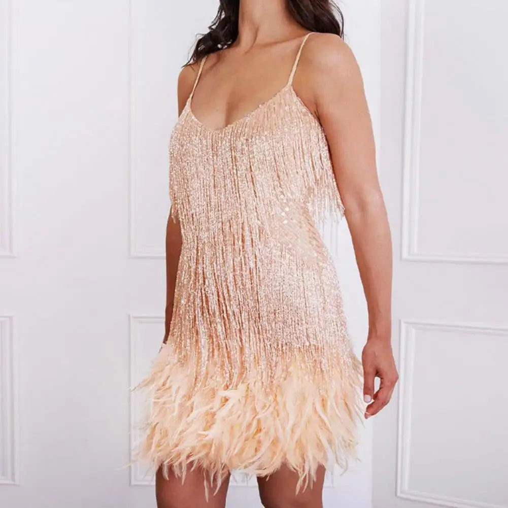 Casual Loose Cut Dress Sparkling Sequin Tassel V Neck Party Dress with Feather Detail Women's Sleeveless Backless Rumba for Club