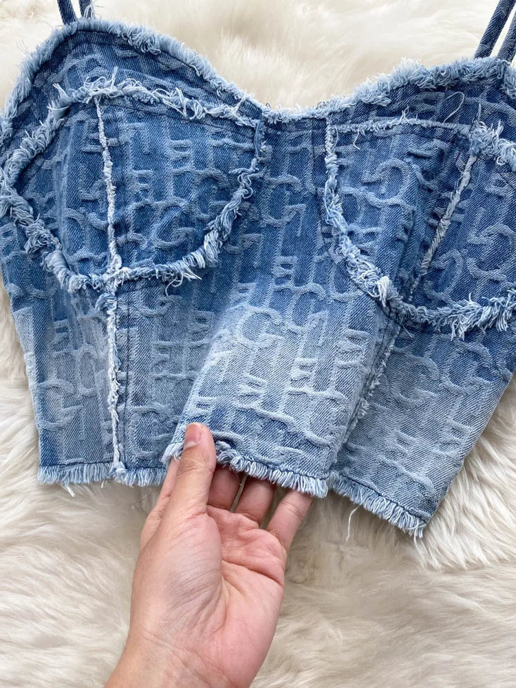 Women Summer Sexy Denim Set Strapless Sling Zipper Design Crop Top + Short Button Mini Shorts Skirt Jeans Two Piece Suits