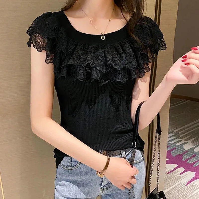 Casual Lace Knitted Tops T-shirts Women 2023 Fashion Elastic White Black Purple Top Sexy Ladies Kawaii T Shirts korean Clothes