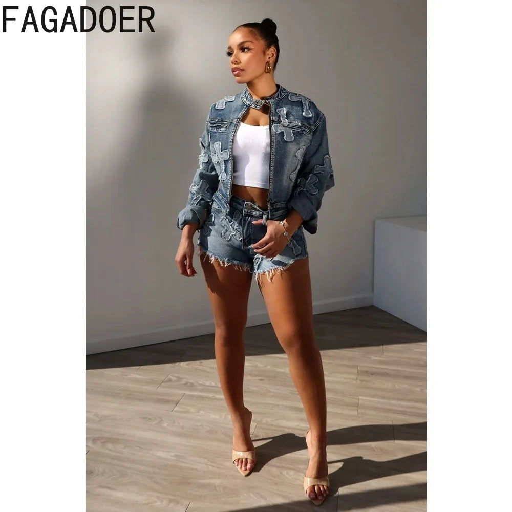 FAGADOER Fashion Denim Embroidery Shorts Two Piece Sets Women Zipper Long Sleeve Coat And Shorts Outfits Female Cowboy 2pcs Suit