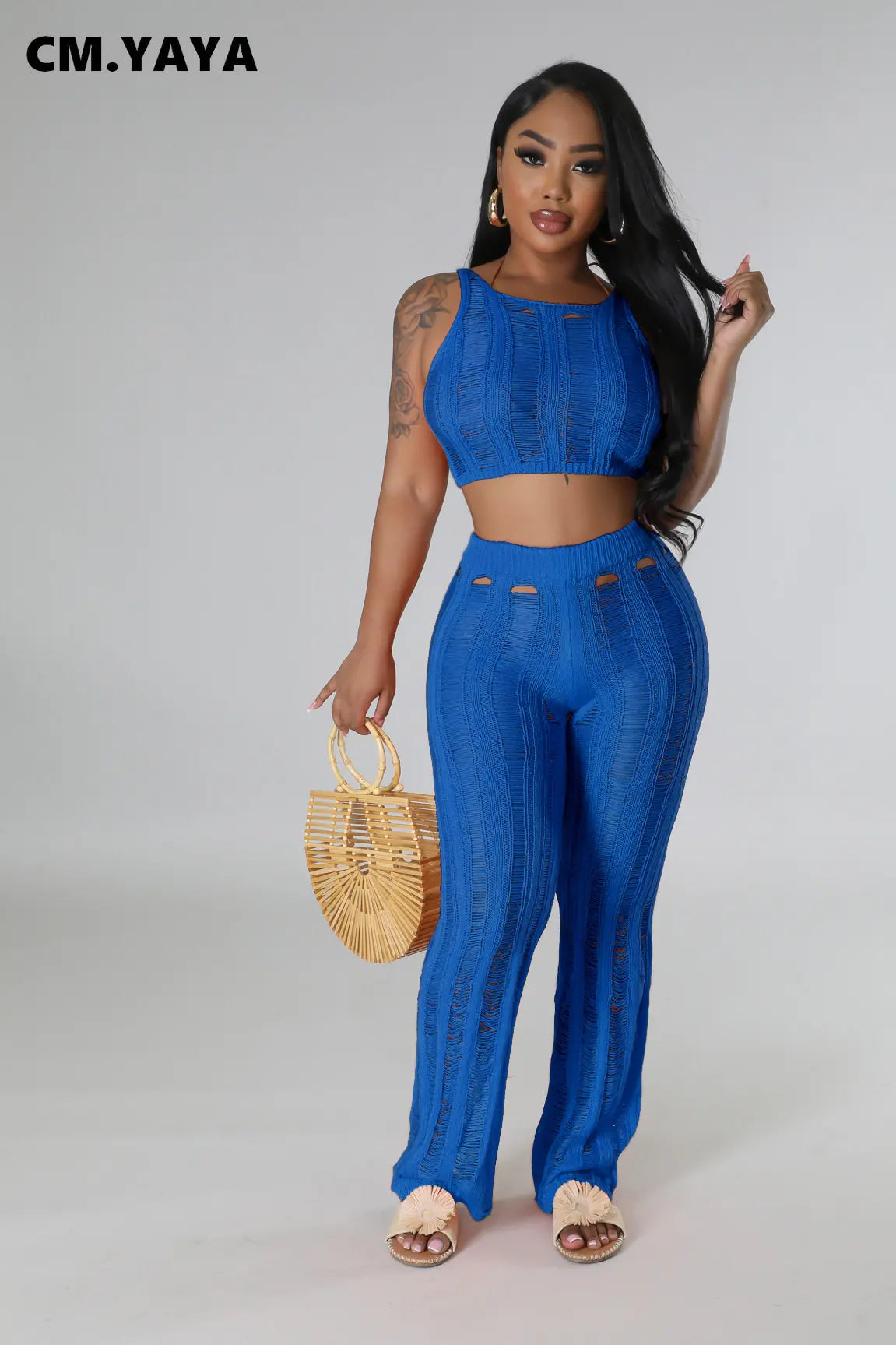 CM.YAYA Streetwear Knit Ripped Out Tassel Women 2 Piece Set Outfits Tank Top and Wide Leg Pants Set 2023 INS Beach Tracksuit