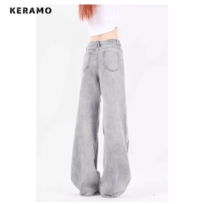 Fashion Women's Vintage Casual High Waist High Street Straight Jeans Stars Print Pants Korean Wide Leg Baggy Y2K Denim Trouser