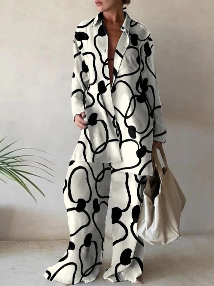 Women Casual Commuter Suit Fashion Print Loose Long Sleeve Shirt Straight Pants Two Piece Suit 2022 New Office Elegant Chic Suit